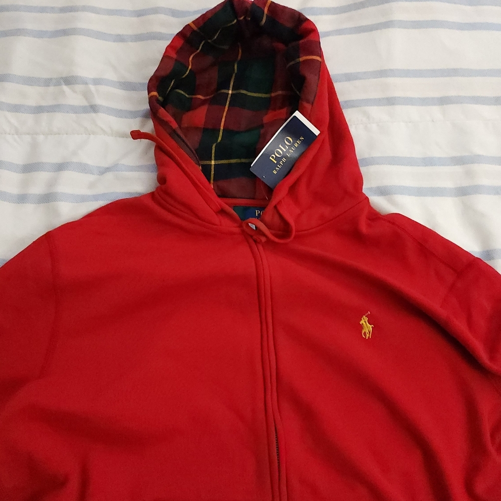 $125 Polo Ralph Lauren Men's Full Zip Fleece Tartan Lined hoodie, Red, Large NWT